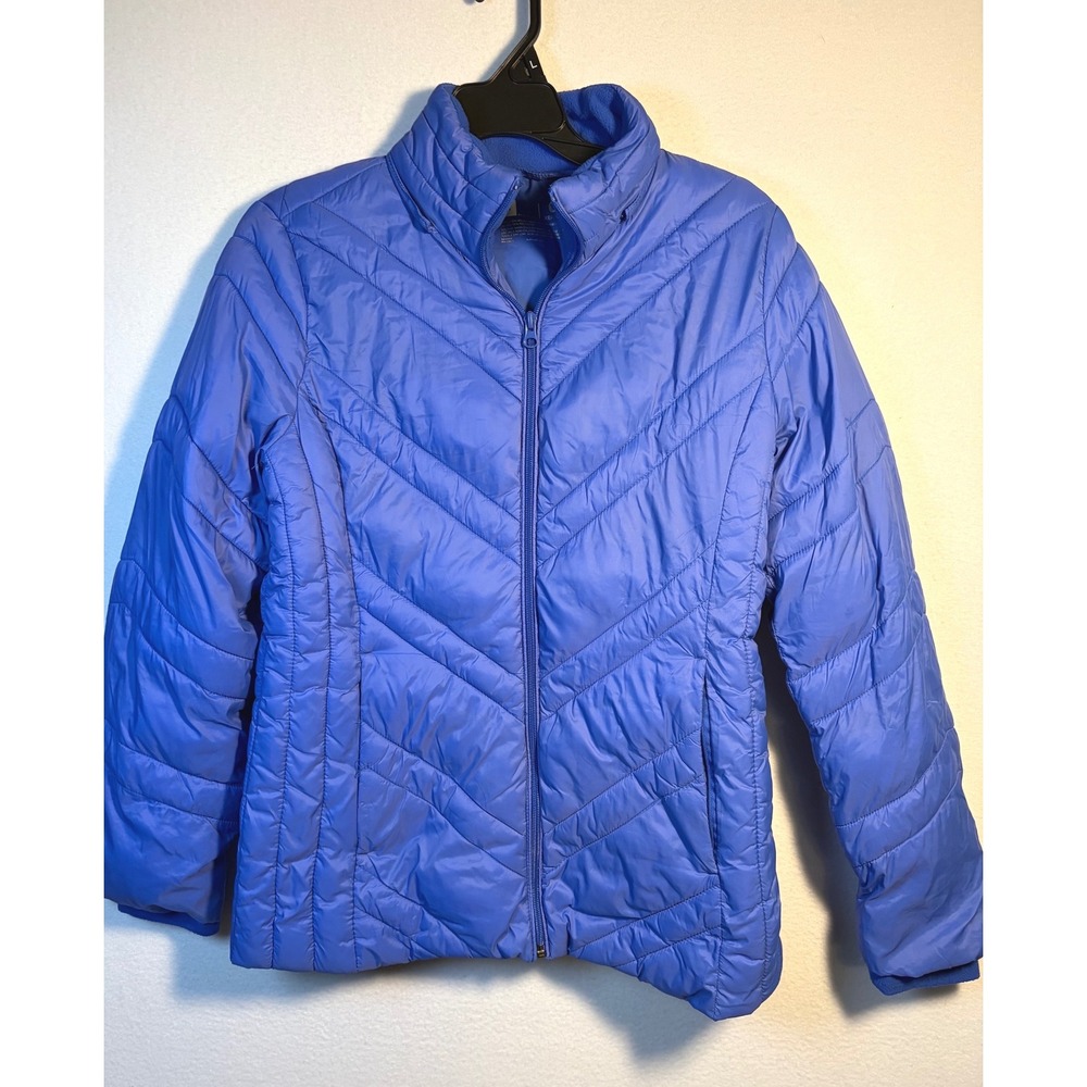 Xersion Puffer Jacket Womens Small Blue Excellent Chevron Quilt Zip Up